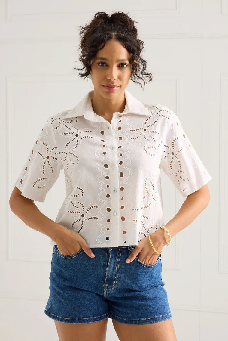 White Alivia Pheobe top featuring a delicate lily garden eyelet design, perfect for casual or dressy occasions.