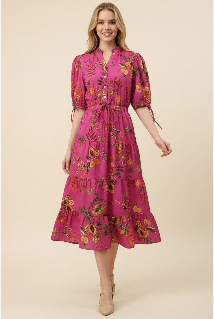 Lizzie Dress magenta botanical floral print midi, button placket, drawstring waist, puff sleeves, tiered skirt - Marj & Lizzie