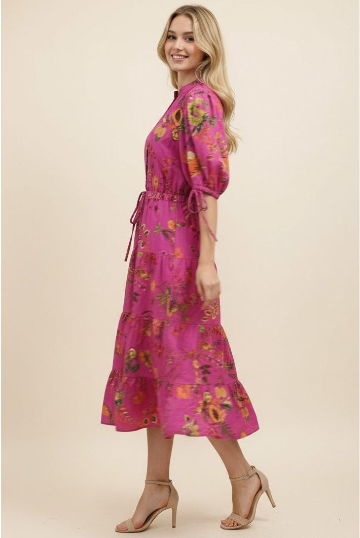 Lizzie Dress magenta botanical floral print midi, button placket, drawstring waist, puff sleeves, tiered skirt - Marj & Lizzie