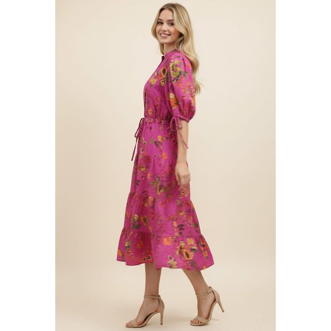 Lizzie Dress magenta botanical floral print midi, button placket, drawstring waist, puff sleeves, tiered skirt - Marj & Lizzie