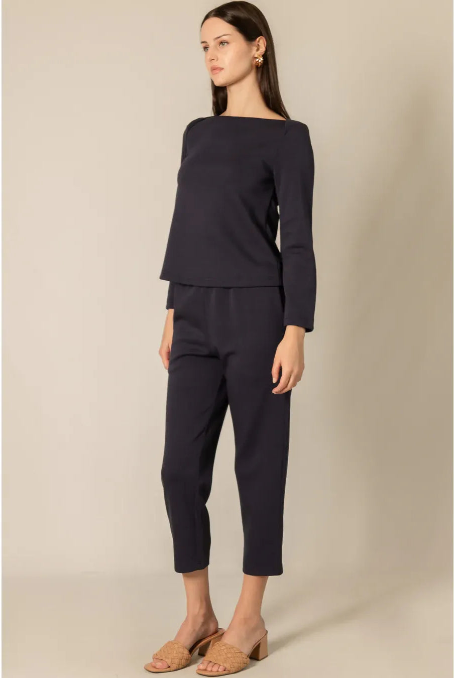 Navy Patty Pants by P Cill featuring a comfortable waistband and ankle-length design, made from soft modal fabric.