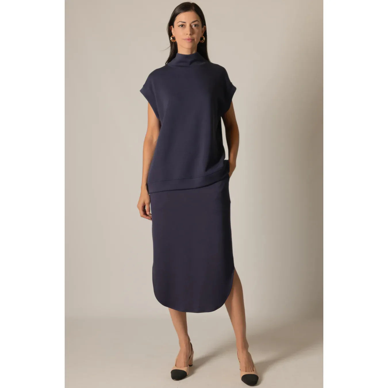 Navy Portia top by P Cill featuring a mock neck, oversized fit, and capped sleeves in soft modal fabric.