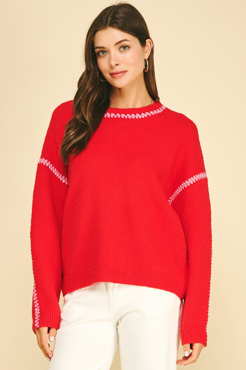 Blaire Sweater 7520W by Pinch red crew neck knit with pink stitch embroidery, drop shoulder, front view