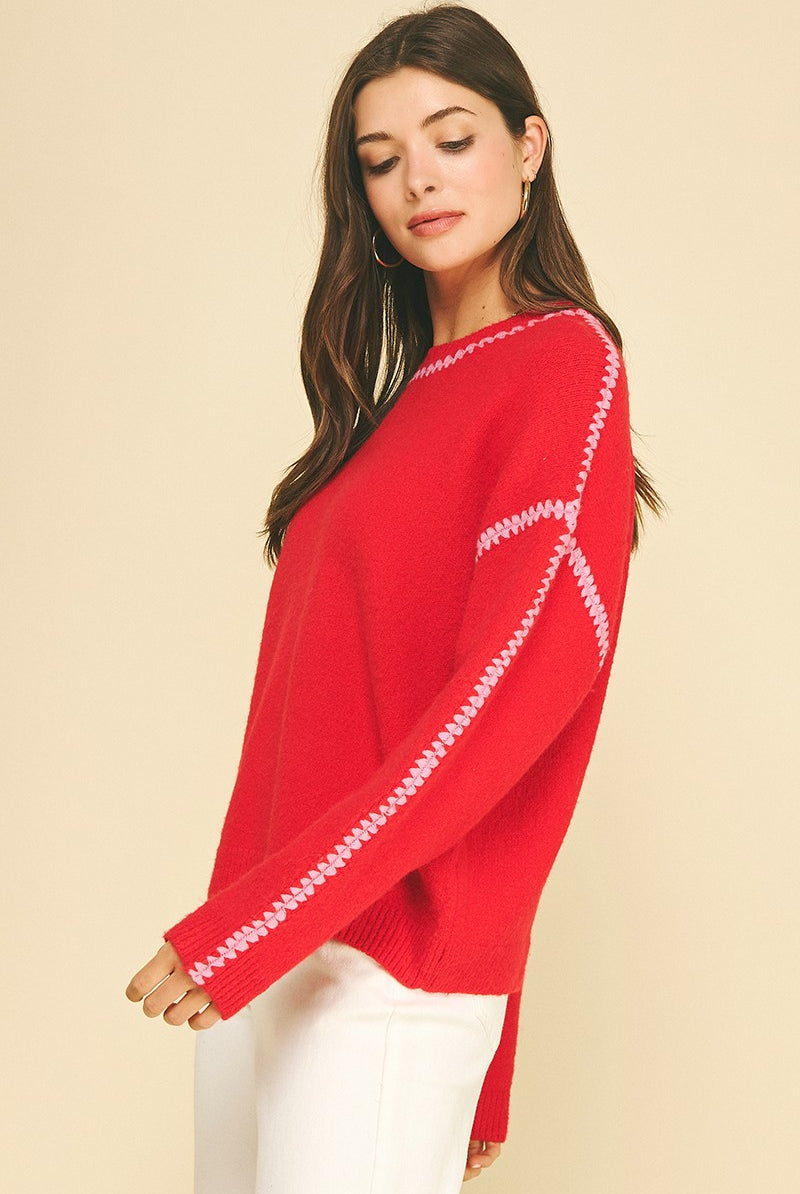 Blaire Sweater 7520W by Pinch red textured knit with pink embroidered stitch trim, long sleeve side view