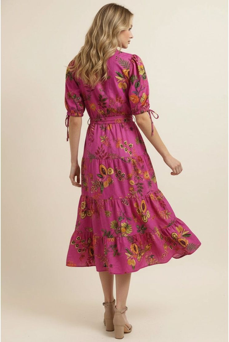 Lizzie Dress magenta botanical print midi back view, puff sleeves with tie cuffs, tiered skirt - Marj & Lizzie