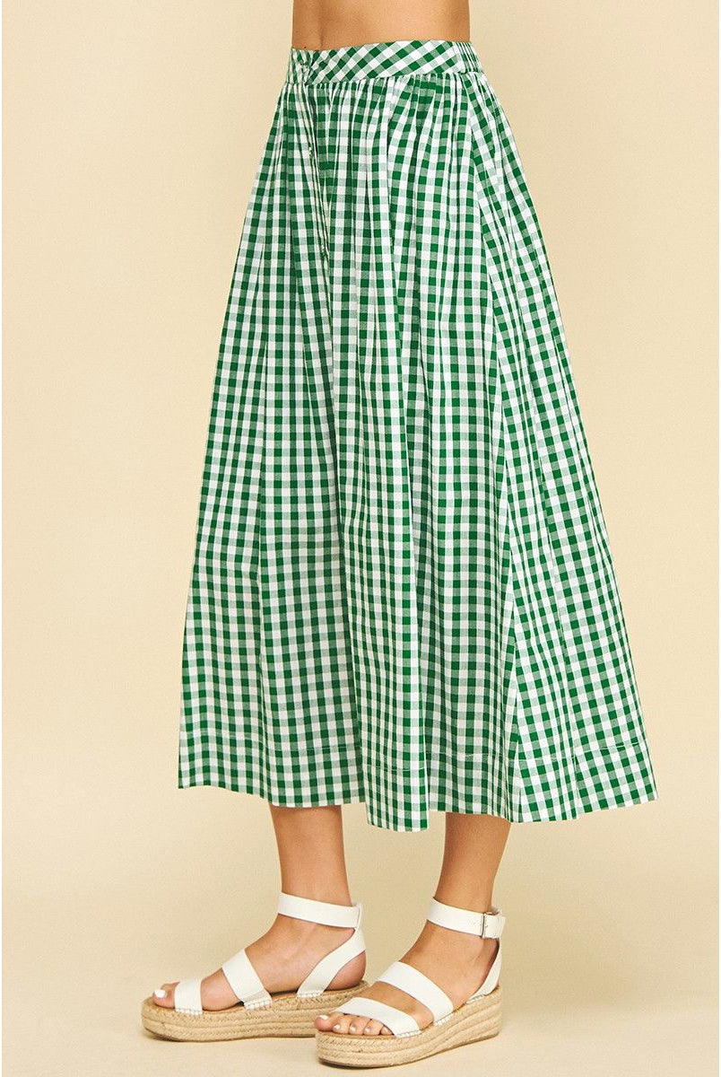 Pinch Jennifer Gingham skirt showing a plaid pattern with a fitted waistband and knee-length style, made of lightweight fabric.