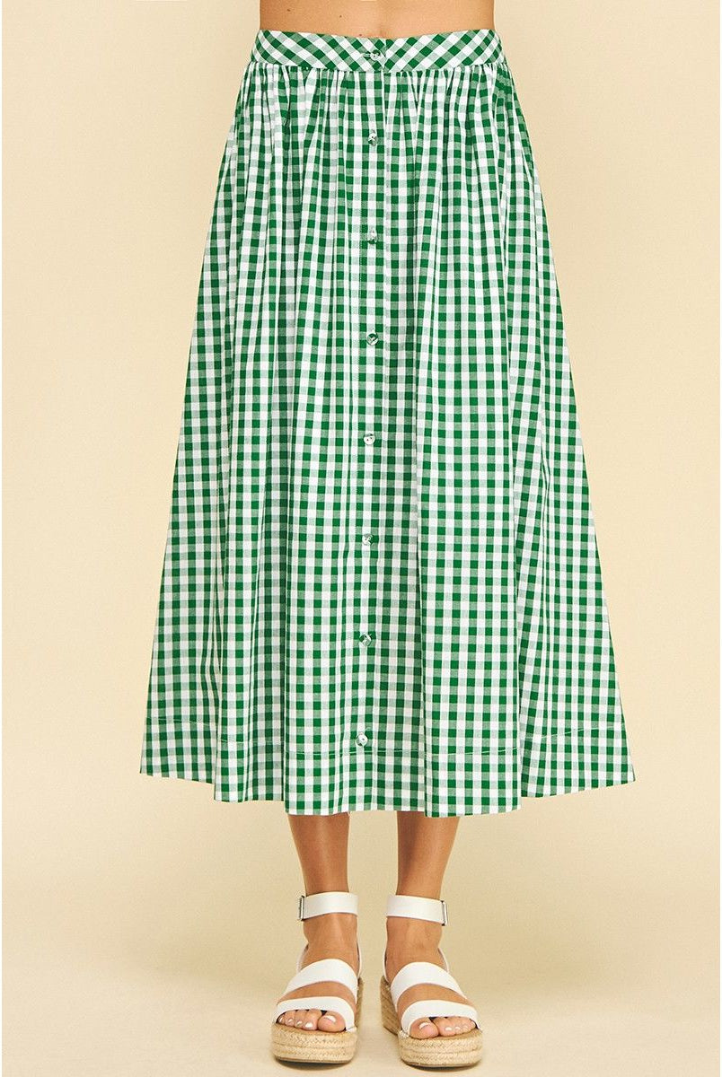 Pinch Jennifer Gingham skirt in green, button-down style, featuring a classic plaid pattern and a fitted waistband.