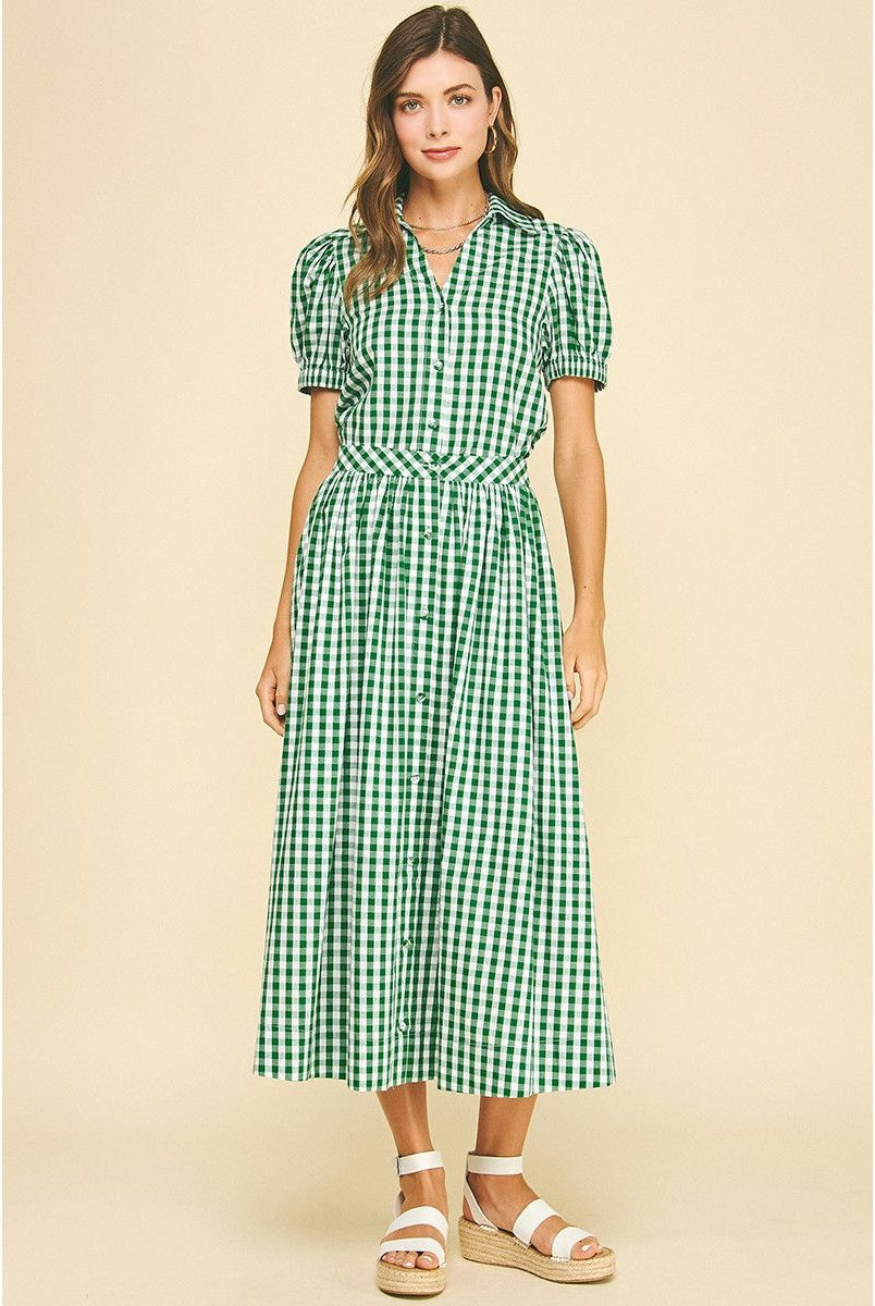 Green plaid Jennifer Gingham Skirt by Pinch, stylish bottoms with classic gingham pattern, perfect for casual or dressy looks.