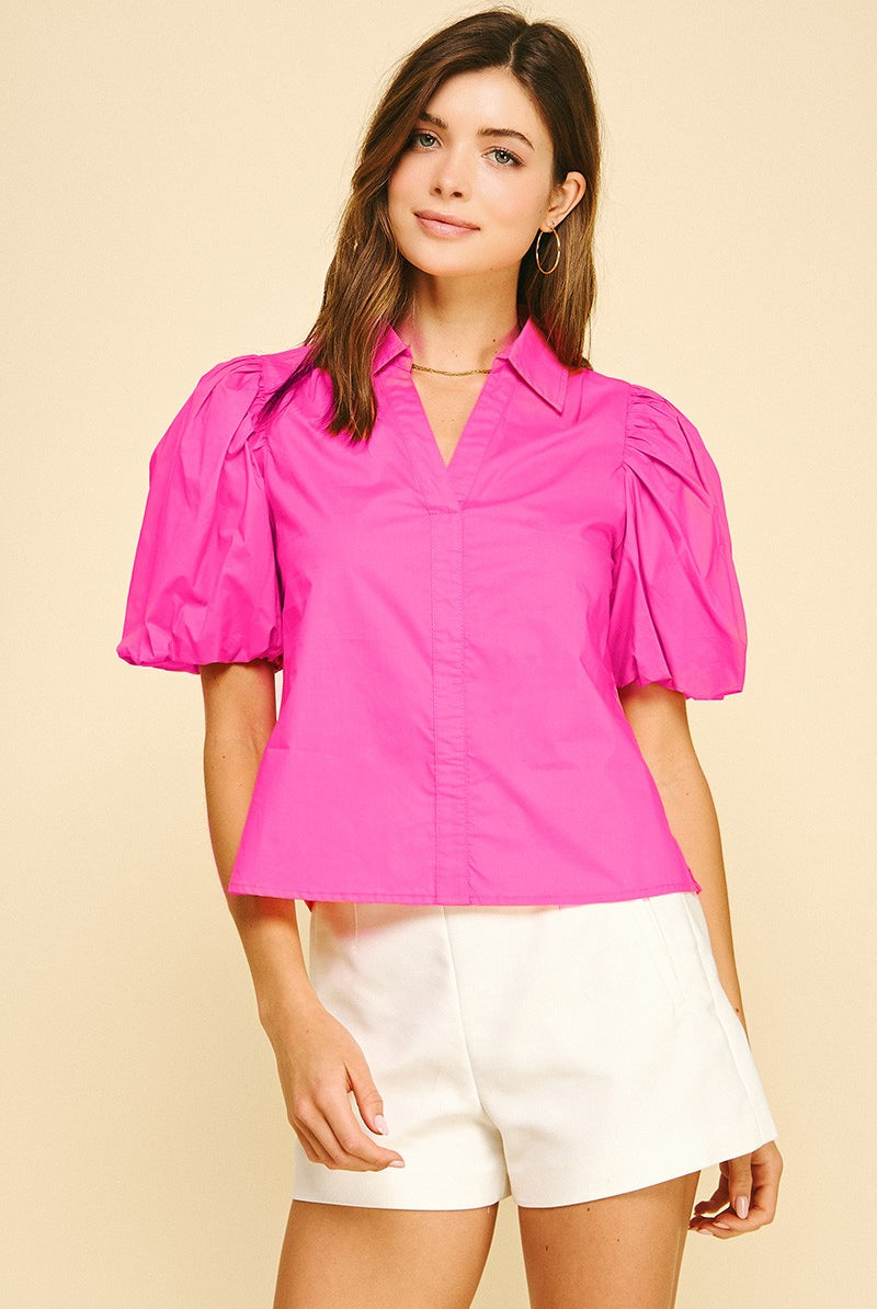 Pinch Bubble Sleeve Blouse Top Pink Candy Style# 5707TB