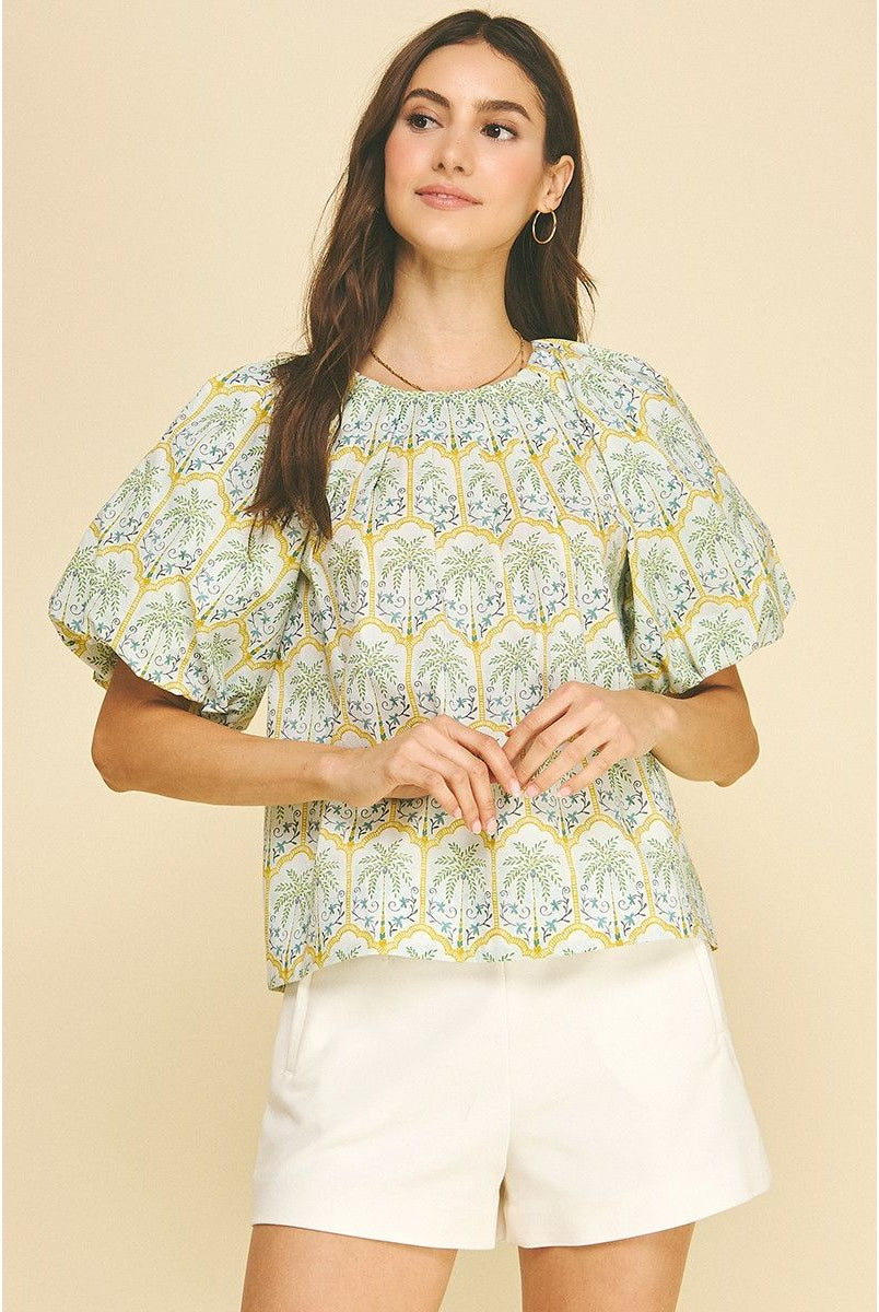 Pinch Mandy Tropical Palm Print Puff Sleeve Top Style # 7163TA