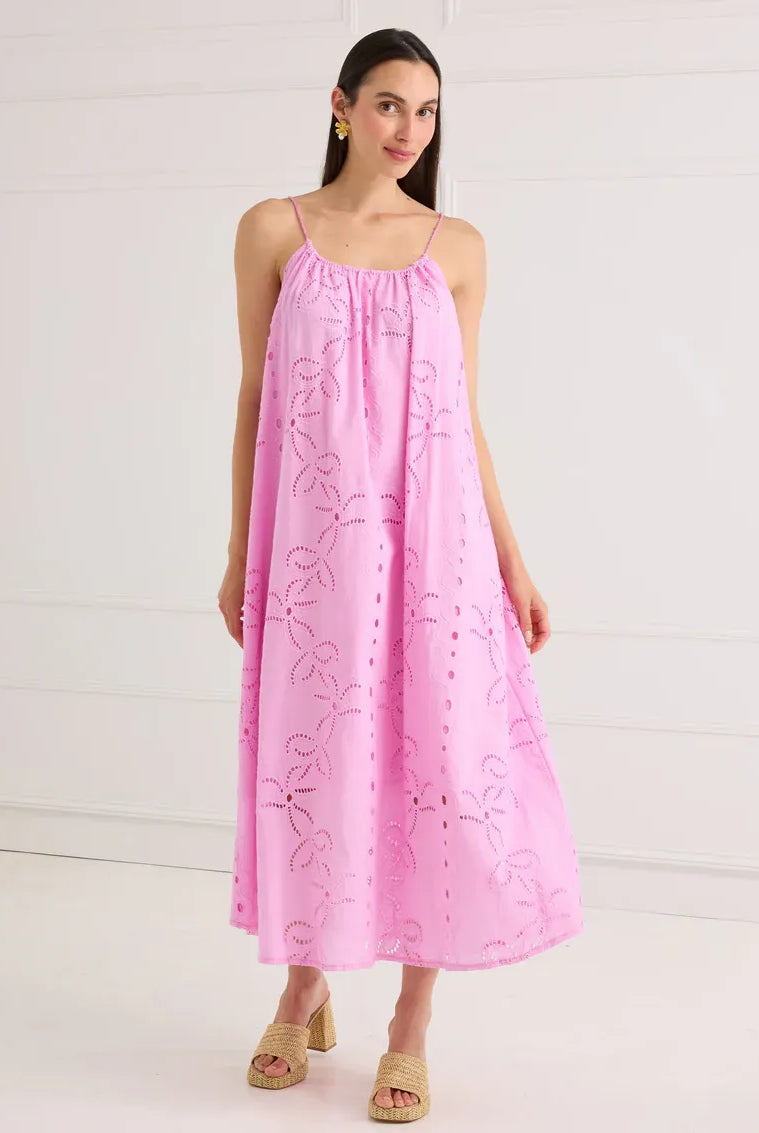 Pink Alivia Adele dress with eyelet fabric, showcasing a feminine, stylish design perfect for summer or special occasions.