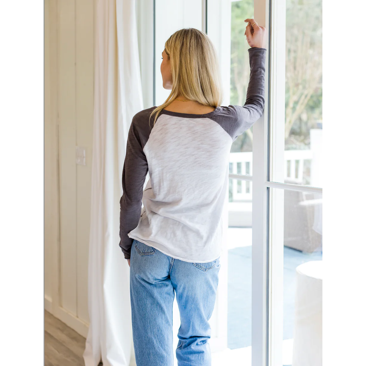 Raglan Long Sleeve Crew in White with Charcoal Sleeves
