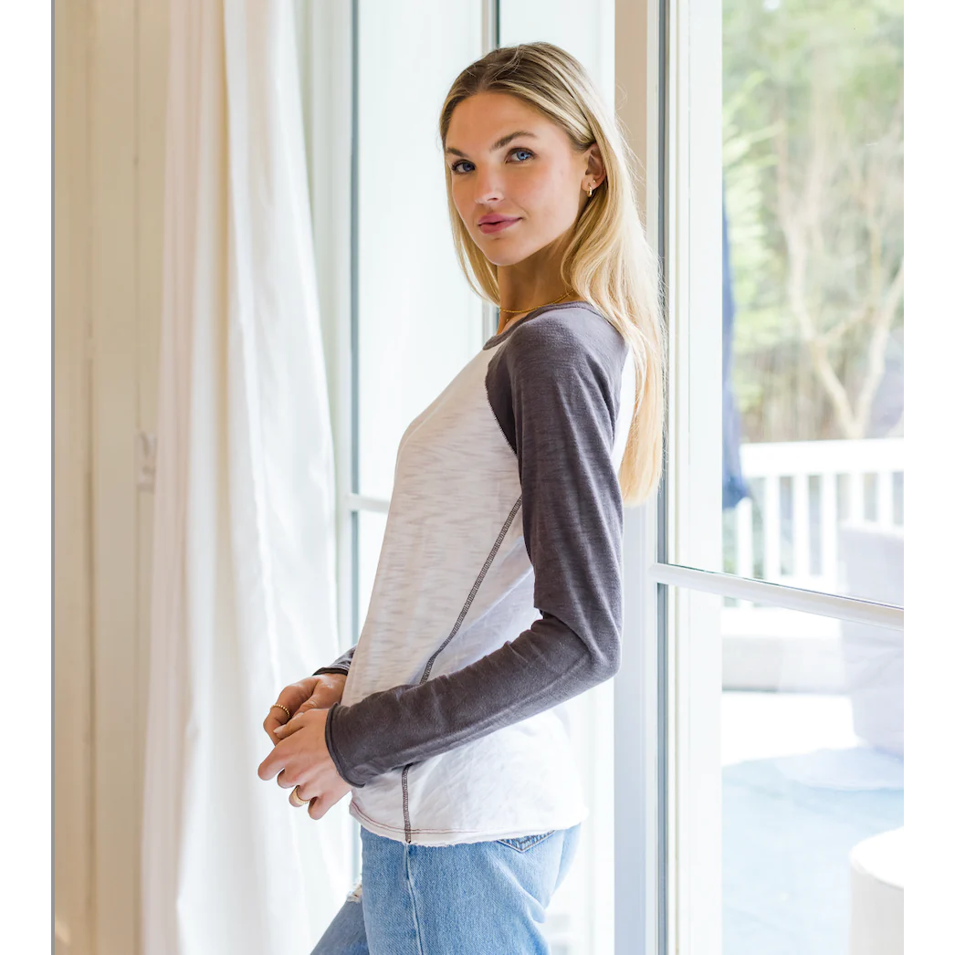 Raglan Long Sleeve Crew in White with Charcoal Sleeves