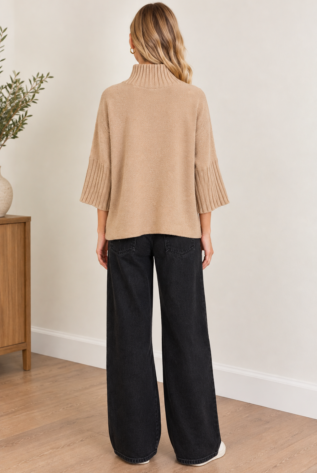 Aria Sweater Mocha by Rain & Rose with a mock neck and pleated sleeves, back view
