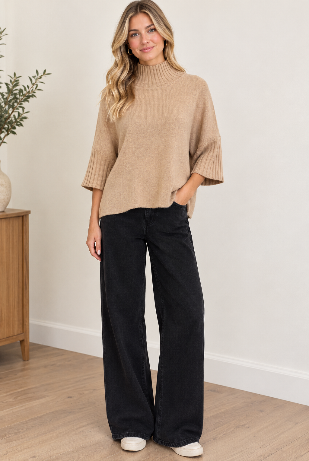 Aria Sweater Mocha by Rain & Rose with a mock neck and pleated sleeves, full front view