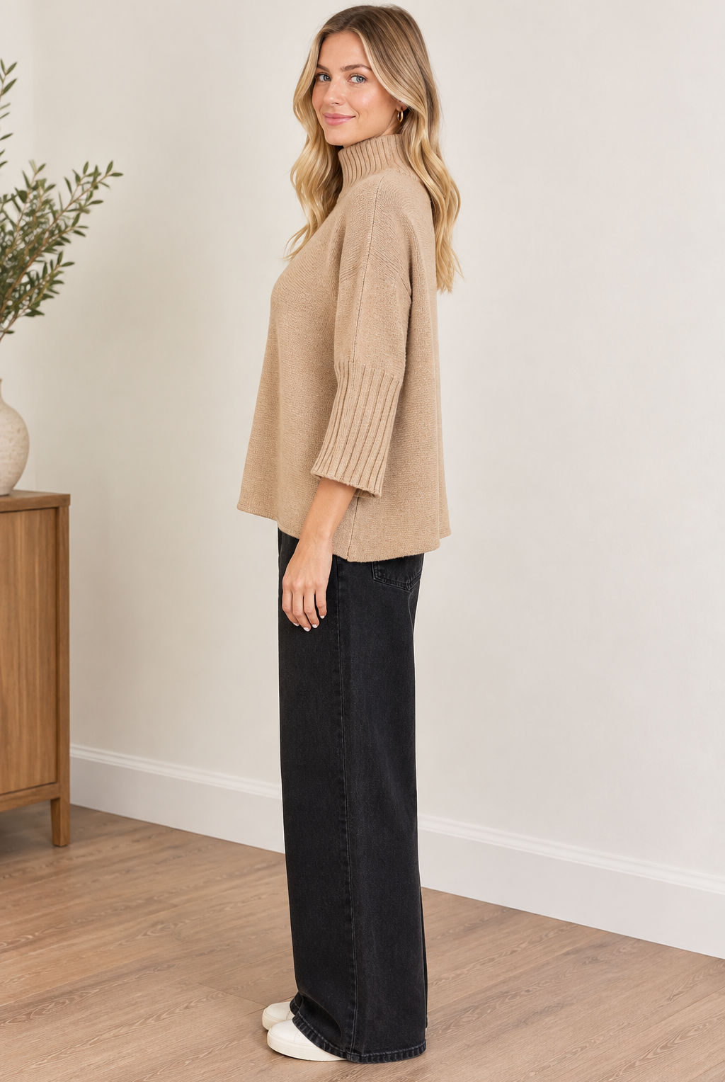 Aria Sweater Mocha by Rain & Rose with a mock neck and pleated sleeves, side view