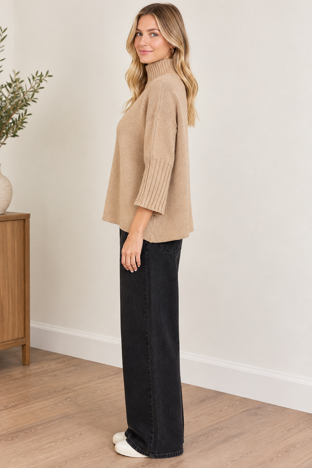 Aria Sweater Mocha by Rain & Rose with a mock neck and pleated sleeves, side view