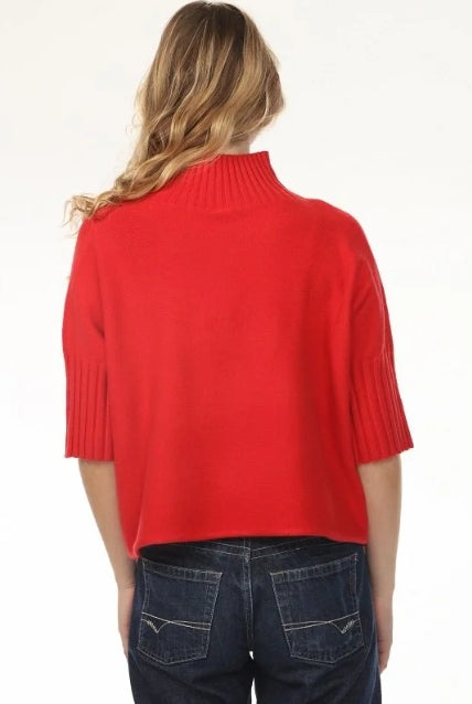 Aria Sweater Red by Rain & Rose — red mock neck sweater with pleated elbow sleeves, back vie