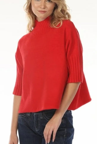 Aria Sweater Red by Rain & Rose — red mock neck sweater with pleated elbow sleeves, front view