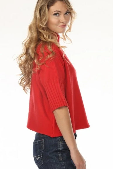 Aria Sweater Red by Rain & Rose — red mock neck sweater with pleated elbow sleeves, side view