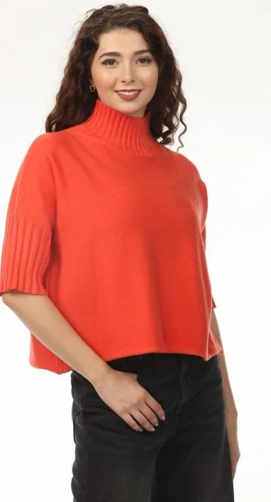 Aria Sweater in Orange by Rain & Rose — mock neck knit with pleated elbow sleeves, front view style #sw4181