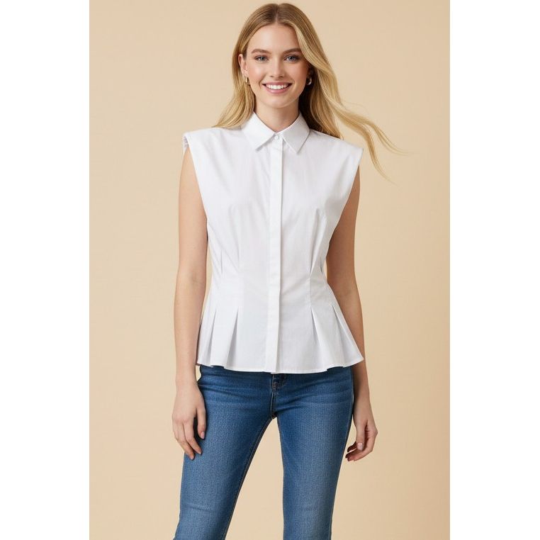 Rook Top Pinch White Sleeveless Peplum Button Down Shirt Style # 6937T