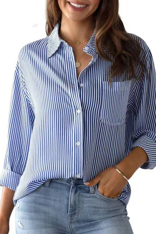 Antonia Top by Rosa Clothing blue striped button-front top with chest pocket, long sleeves, collared neckline, lifestyle shot