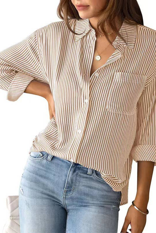 Rosa clothing Antonia Top khaki stripe long sleeve button down