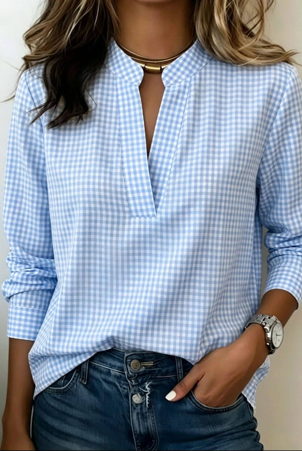 Rosa Clothing Cosette Top Blue and White Gingham henley neck long sleeve