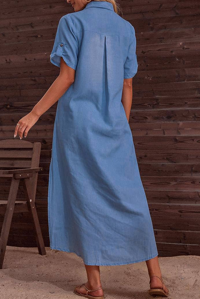 Delphine Dress by Rosa Clothing — blue denim maxi dress, collared neckline, short sleeves, side slit,
