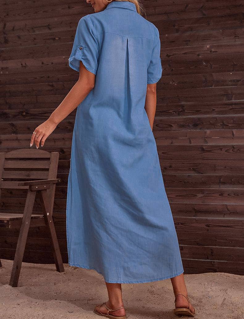Delphine Dress by Rosa Clothing — blue denim maxi dress, collared neckline, short sleeves, side slit,