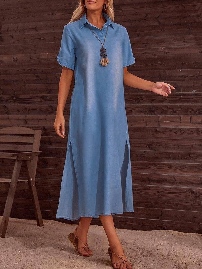 Delphine Dress by Rosa Clothing — blue denim maxi dress, collared neckline, short sleeves, side slit,