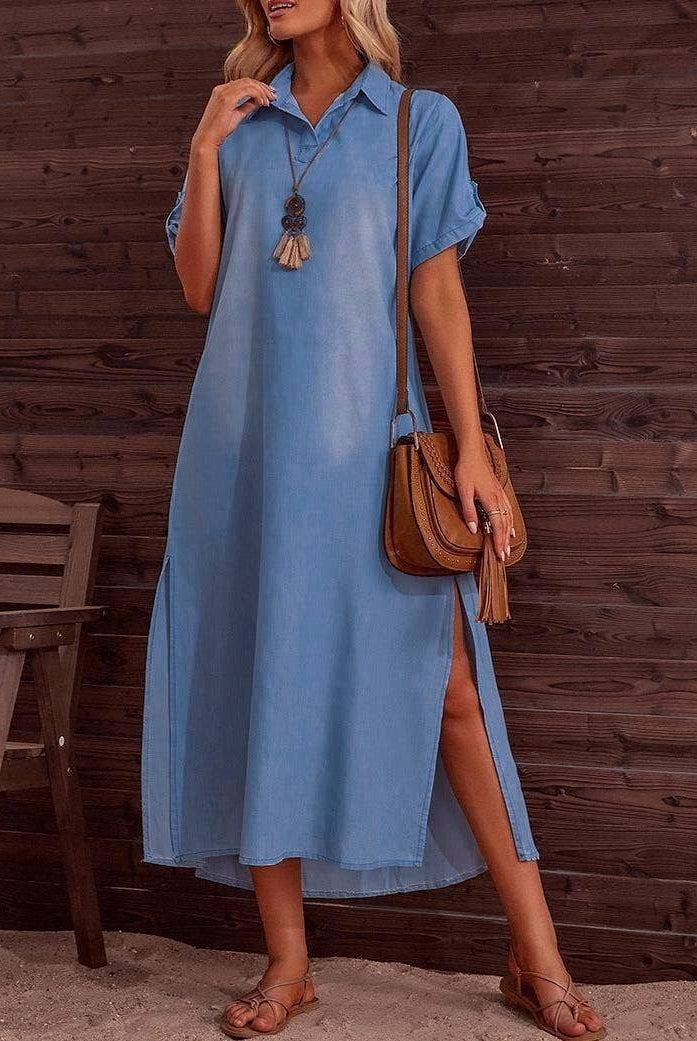 Delphine Dress by Rosa Clothing — blue denim maxi dress, collared neckline, short sleeves, side slit,