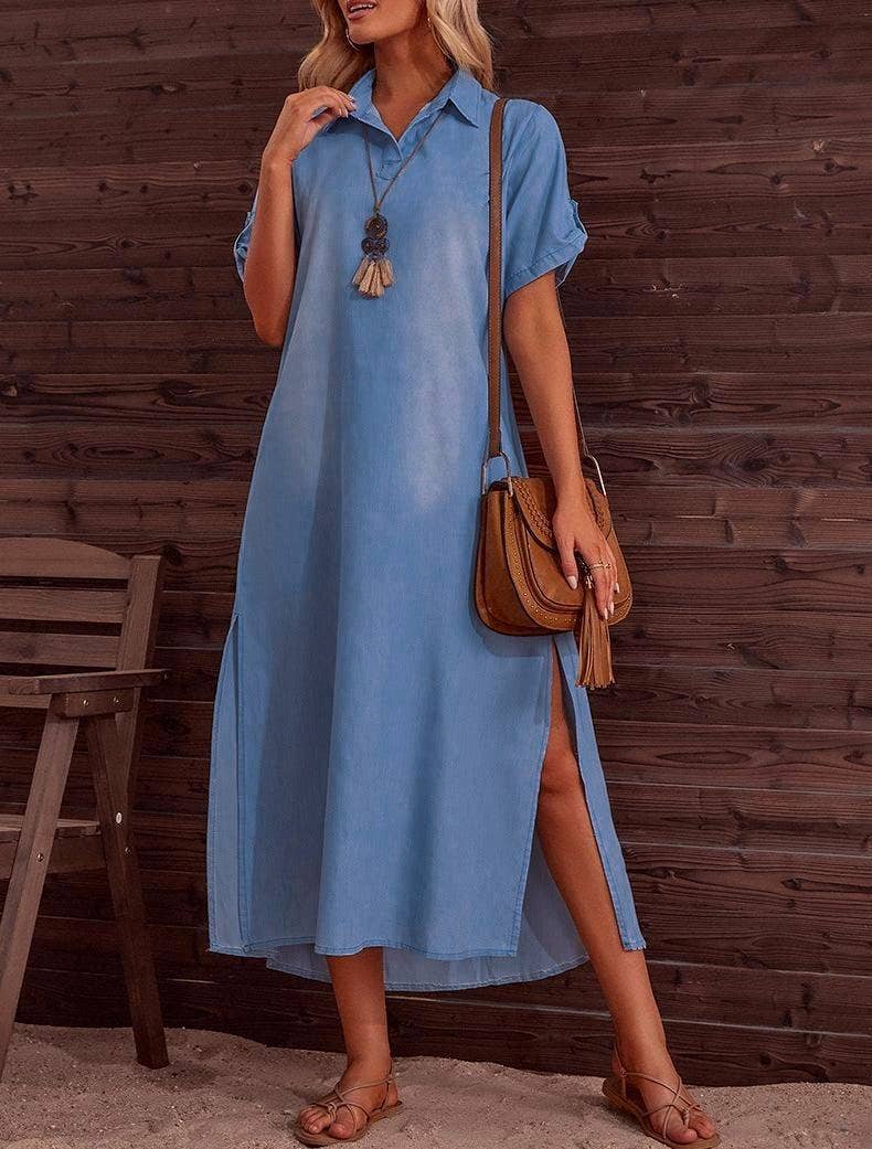 Delphine Dress by Rosa Clothing — blue denim maxi dress, collared neckline, short sleeves, side slit,