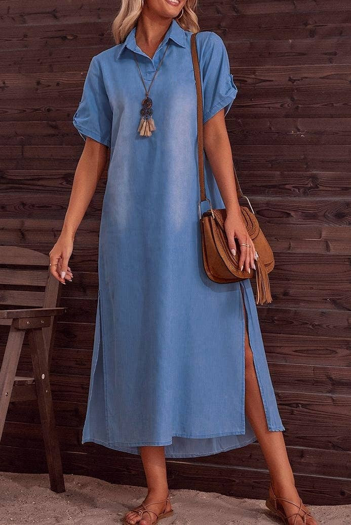Delphine Dress by Rosa Clothing — blue denim maxi dress, collared neckline, short sleeves, side slit,
