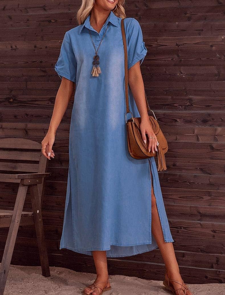 Delphine Dress by Rosa Clothing — blue denim maxi dress, collared neckline, short sleeves, side slit,
