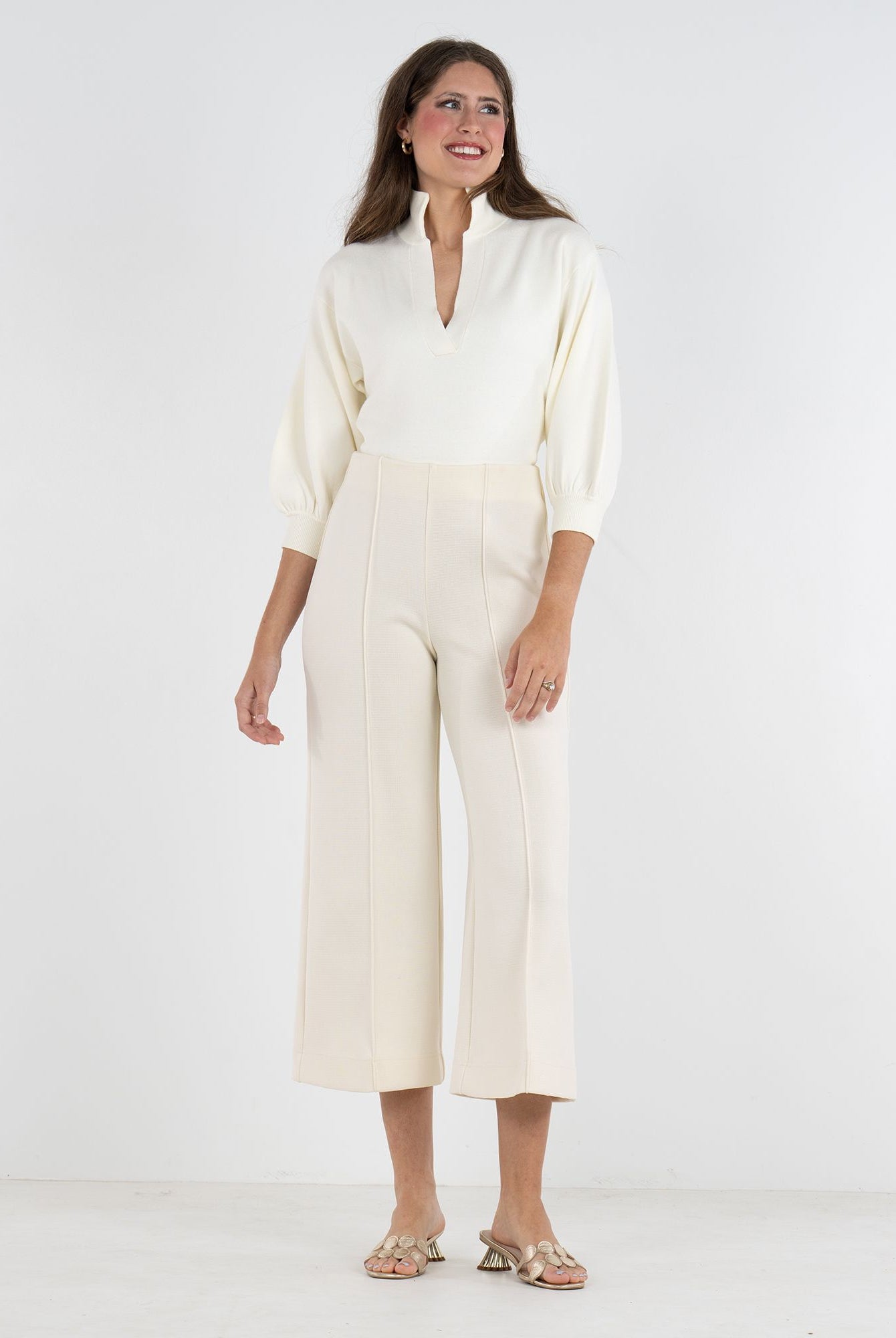 Emily McCarthy Luna Pants, stylish cropped bottoms with a front view, featuring a comfortable fit and elegant design.