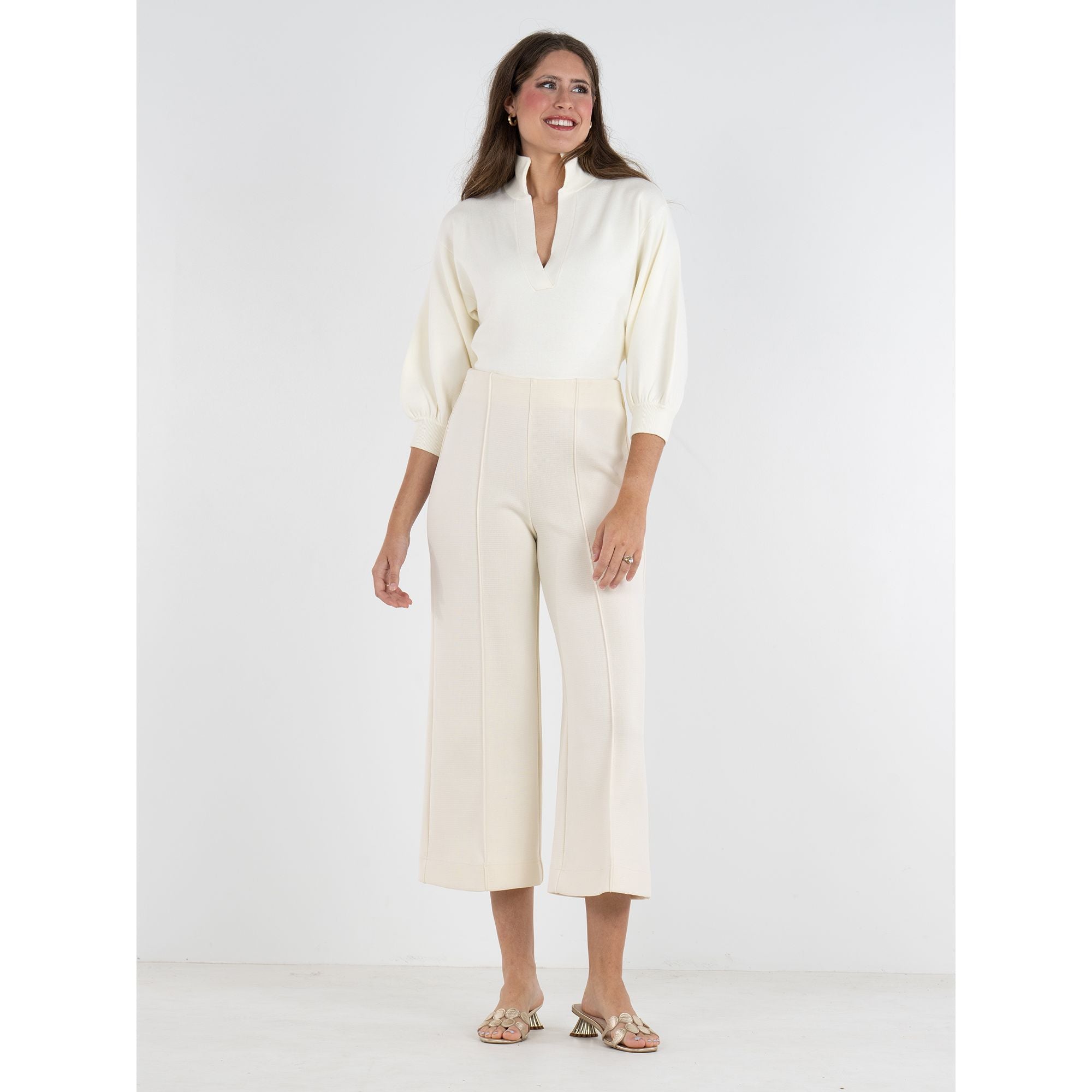 Emily McCarthy Luna Pants, stylish cropped bottoms with a front view, featuring a comfortable fit and elegant design.