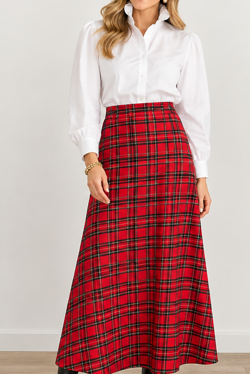 Holly Skirt by Sail to Sable in red and green plaid with a wide waistband and ankle-length A-line silhouette, front view