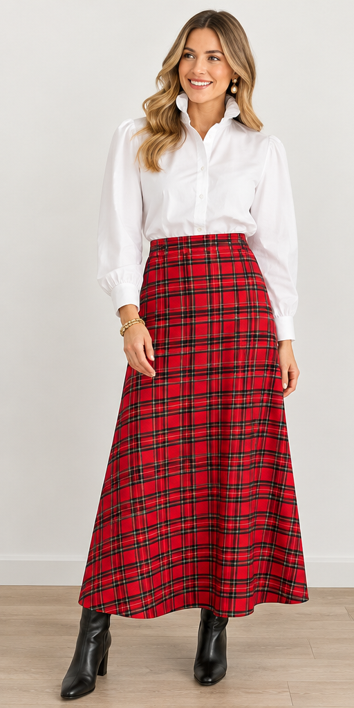 Holly Skirt by Sail to Sable in red and green plaid with a wide waistband and ankle-length A-line silhouette, front view