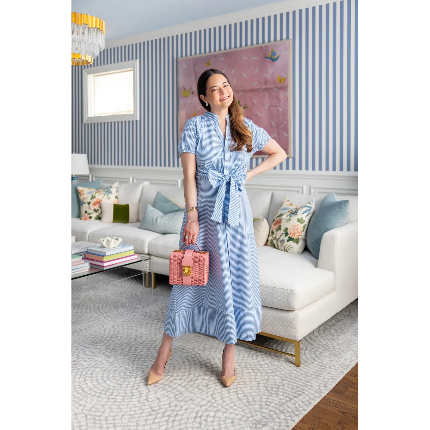 Abby Dress blue and white stripe wrap midi, point collar, puff sleeves, self-tie bow waist, A-line skirt - Marj & Lizzie