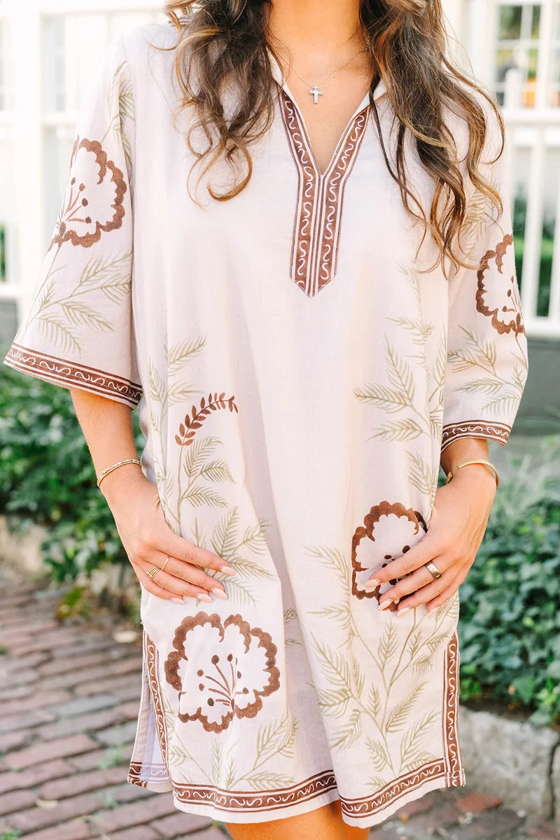 light beige short kaftan dress with brown embroidery