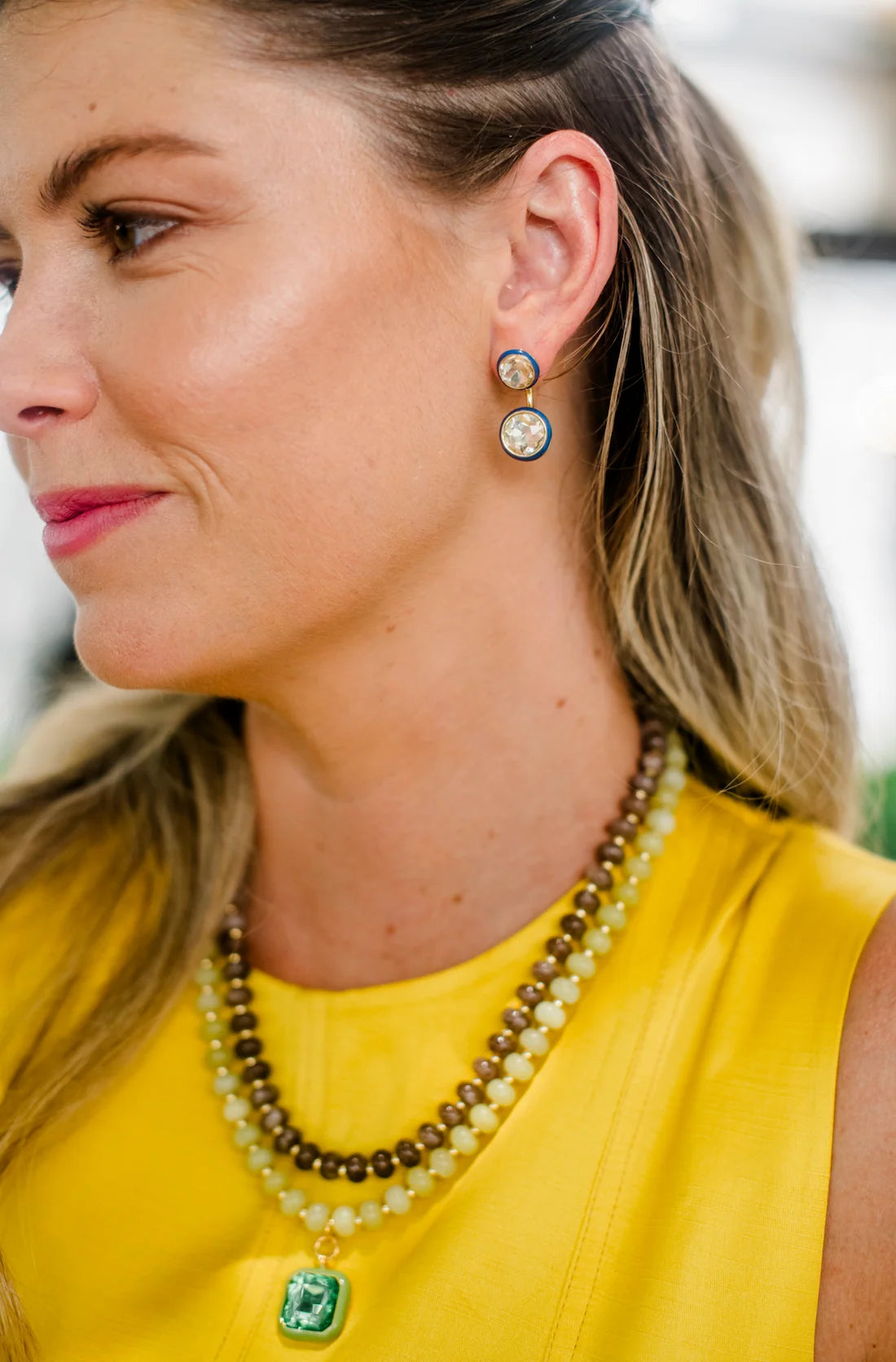 Sea Glass Necklace Timber Brown by Smith and Co. Design — timber brown glass bead necklace layered on model