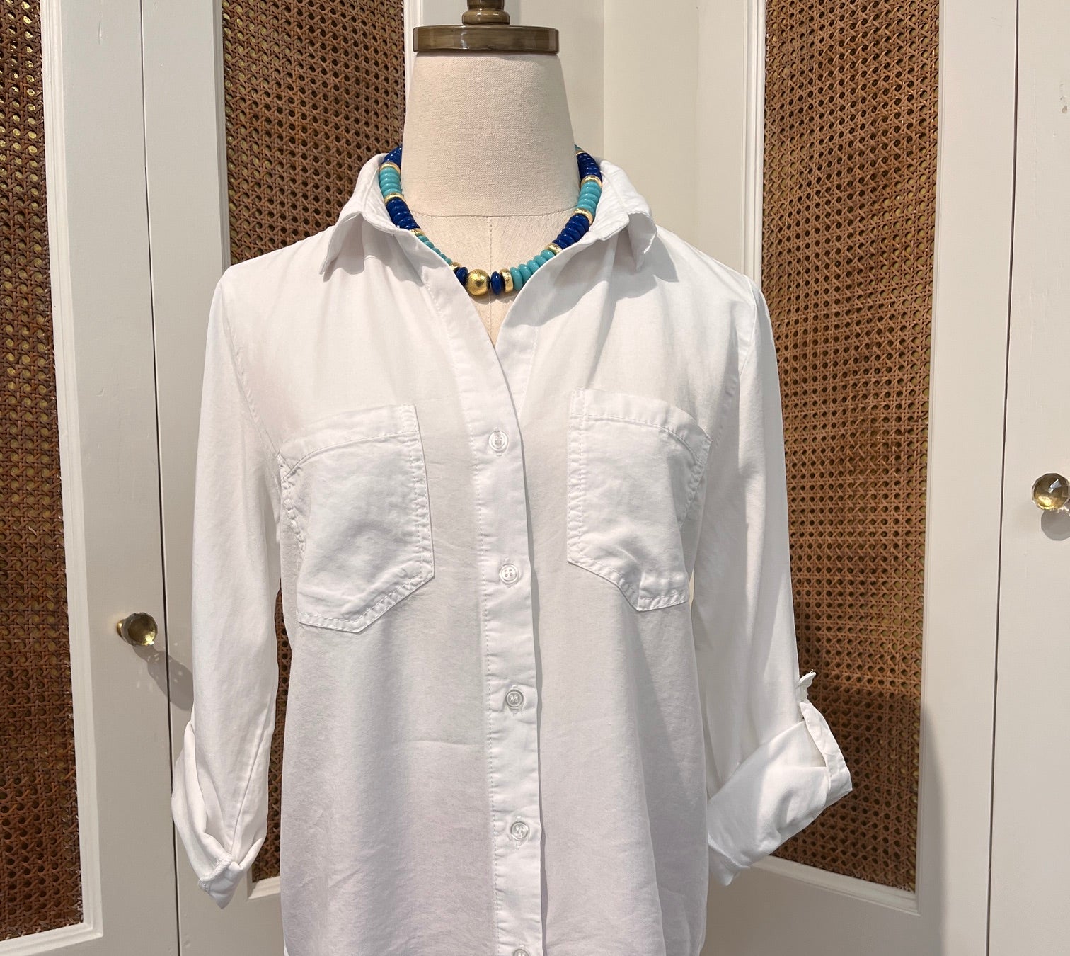 Sirena Top by Velvet Heart — white Tencel button-front shirt with spread collar, chest patch pockets, and rolled tab sleeves