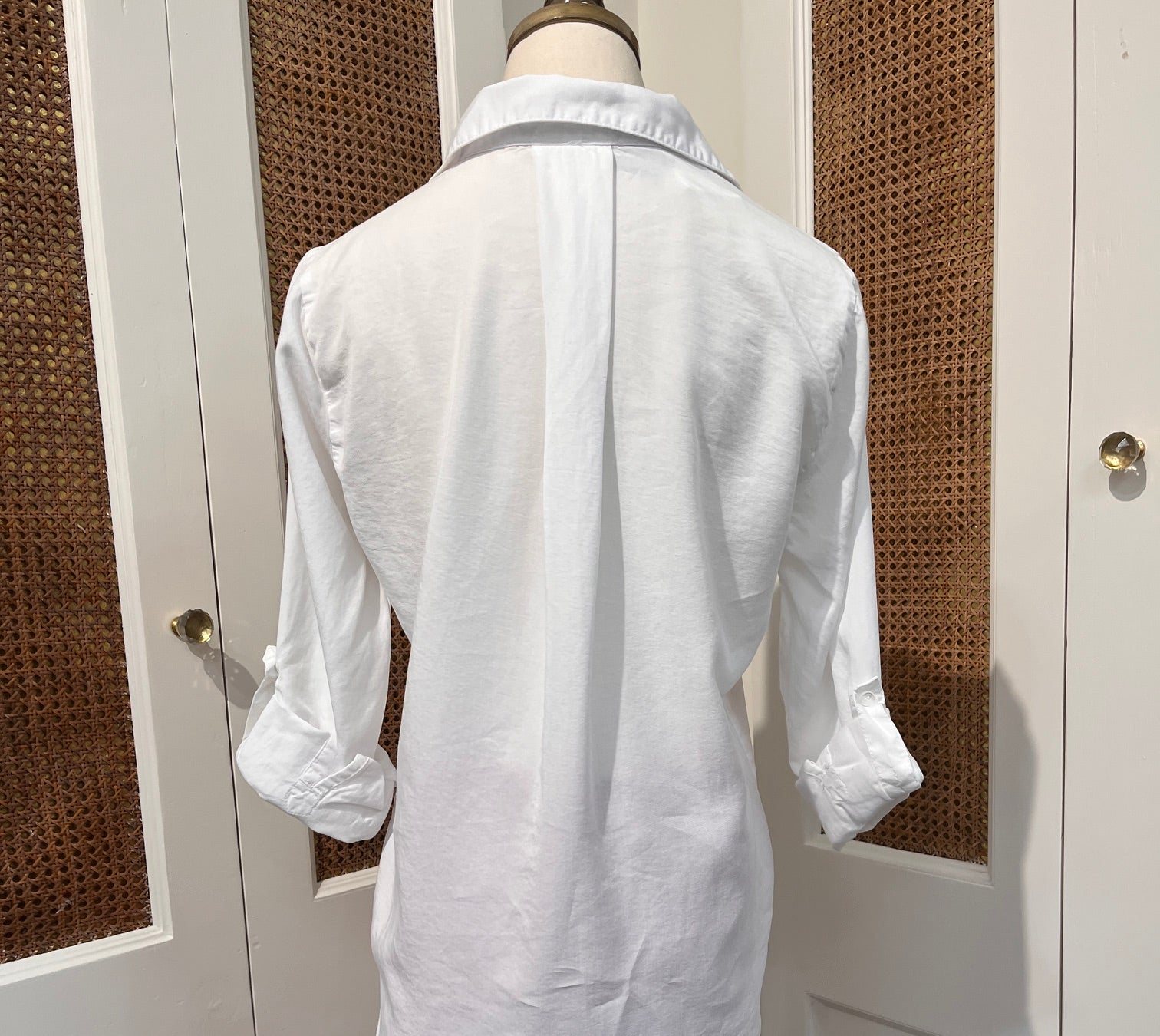 Sirena Top by Velvet Heart — back view of white Tencel button-front shirt with spread collar, center pleat, and rolled tab sleeves