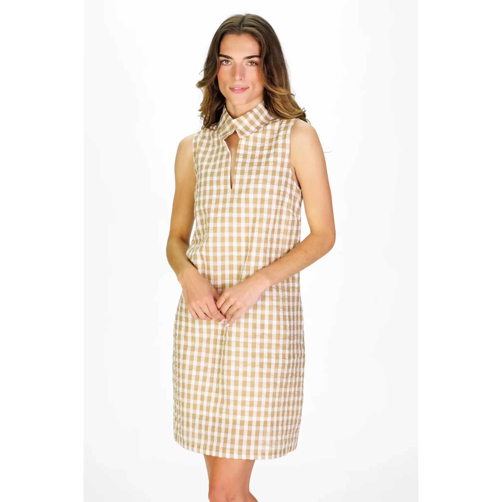 Fia Dress — tan white gingham seersucker, sleeveless shirtdress, spread collar with keyhole neckline, knee length