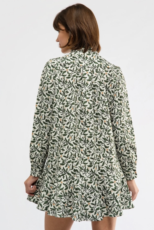 Cherry Dress by Smith and Quinn in green leaf print, long sleeves, drop waist, back view style#11088