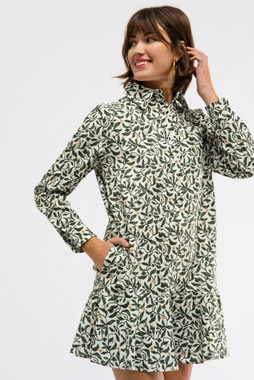 Cherry Dress by Smith and Quinn in green leaf print, long sleeves, drop waist, three-quarter front view with pocket style#11088