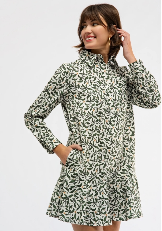 Cherry Dress by Smith and Quinn in green leaf print, long sleeves, drop waist, three-quarter front view with pocket style#11088