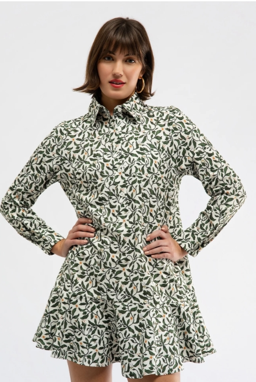 Cherry Dress by Smith and Quinn in green leaf print, long sleeves, button-front, drop waist, front view style#11088